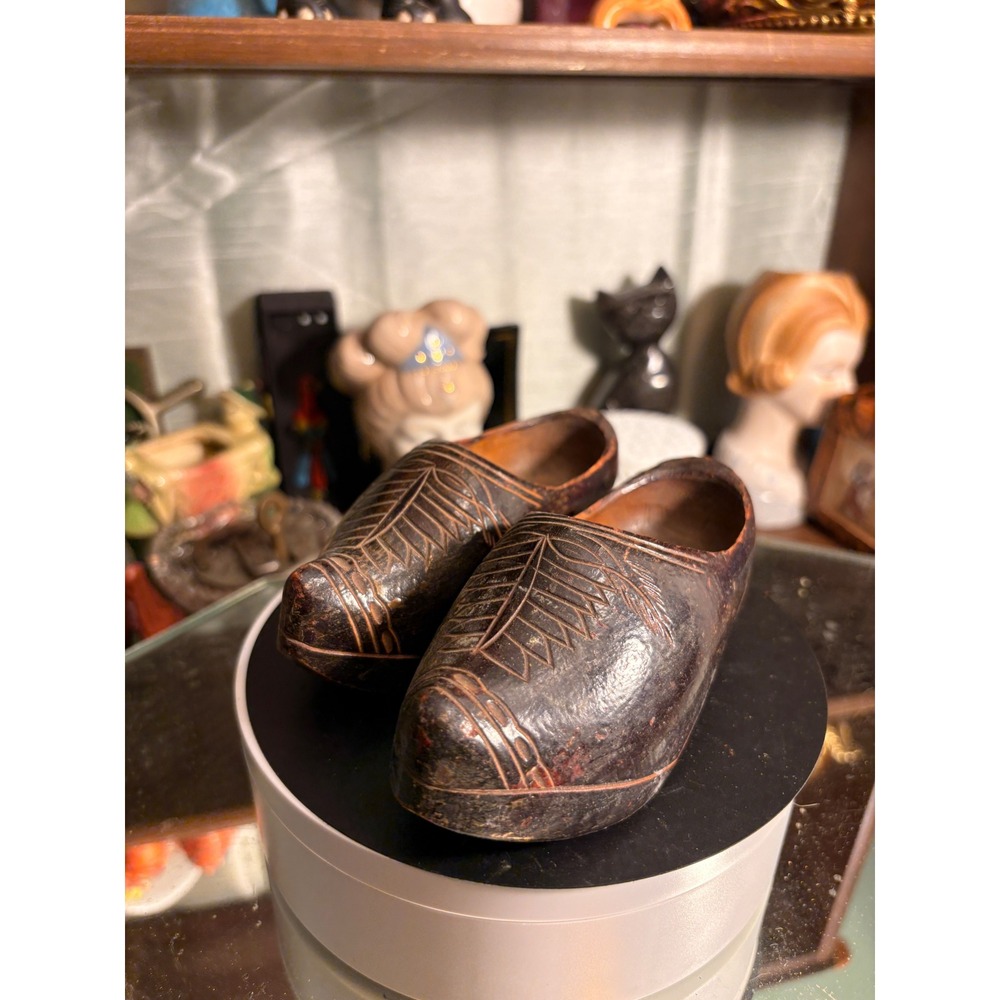 Vintage Hand Carved Wooden Miniature Dutch Clogs Dark Brown Folk Art Decor Pair
